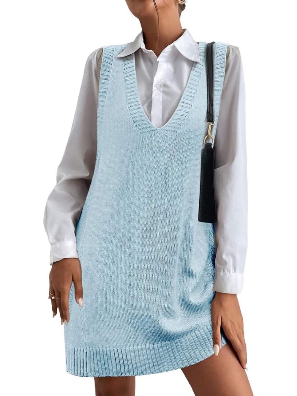 Oversized V Neck Sleeveless Knit Sweater Vest Dress with Pockets for Women